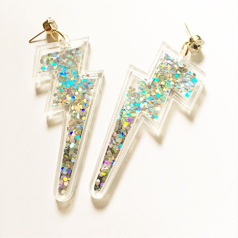 Acrylic Lightning Earrings with Glitter Sequins inside Charming Statement Woman's Jewelry for Party