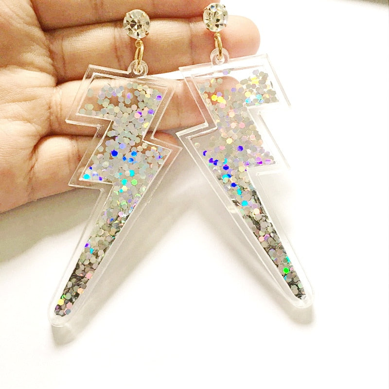 Acrylic Lightning Earrings with Glitter Sequins inside Charming Statement Woman's Jewelry for Party